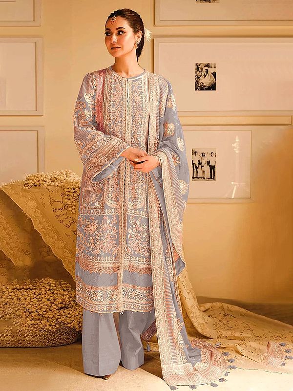All Over Heavy Embroidery Work And Sequins Work Georgette Kurta With Bottom And Dupatta