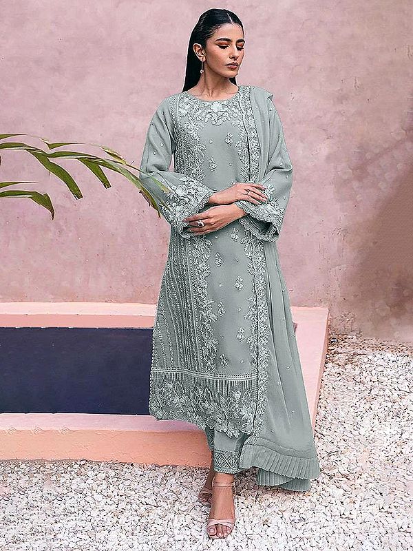 Georgette Floral Embroidery Work Attractive Kurta With Bottom And Dupatta For Festive Occasion