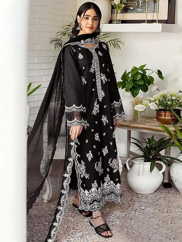 Embroidery Work Georgette Fancy Long Kurta With Bottom And Dupatta For Festive Occasion