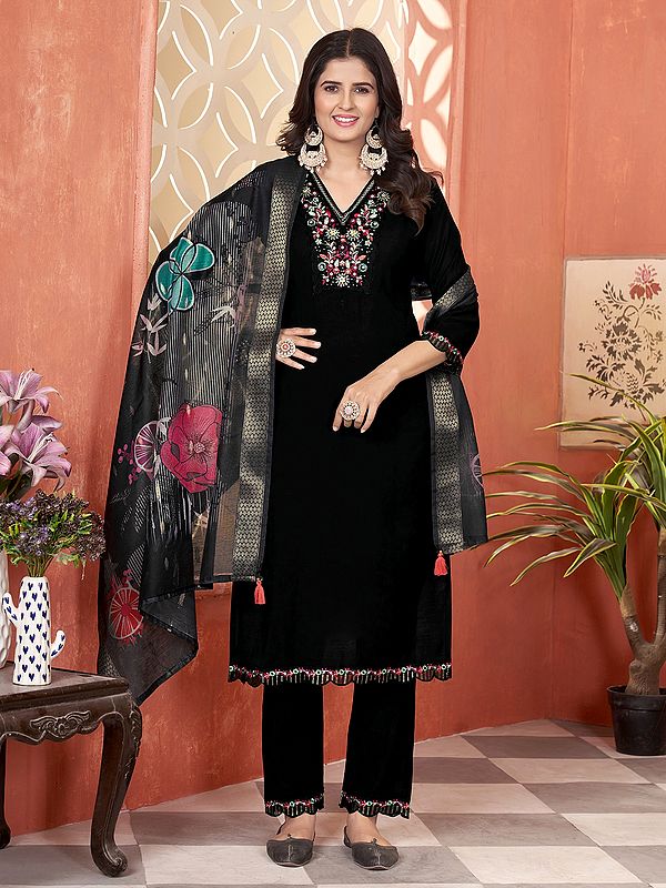 Silk Embroidery With Hand Work On Neck Fancy  Kurta With Matching Bottom And Floral Printed Dupatta
