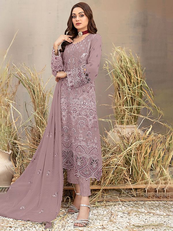 All Over Floral Embroidery Work Long Georgette Kurta With Matching Bottom With Dupatta For Casual Occasion