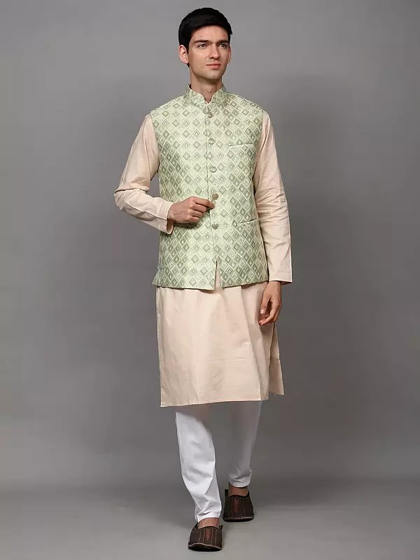 Paster-Green Thread Embroidered Waistcoat with Front Pockets
