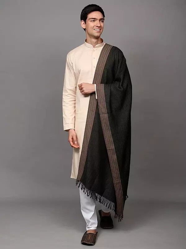 Reversible Kullu Stole with Chevron Weave and Multi Stripe Border