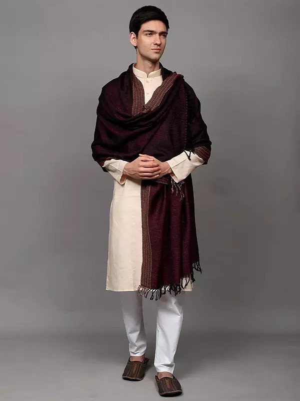 Reversible Kullu Stole with Chevron Weave and Multi Stripe Border