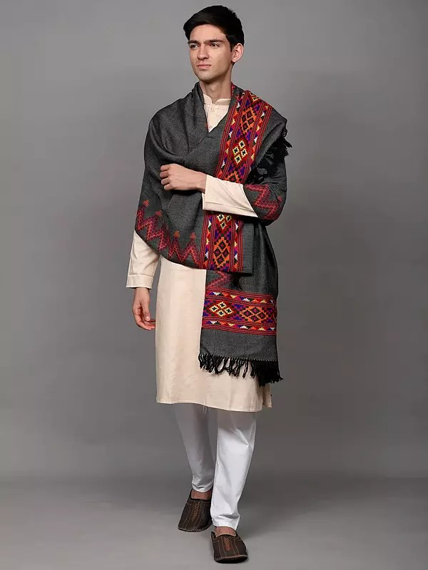 Slate-Gray Wool Stole from Kullu with Multicolor Woven Kinnauri Border (Unisex)