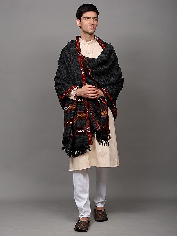 Woodland-Gray Kullu Palla Shawl with Kinnauri Woven Triple Border (Unisex)