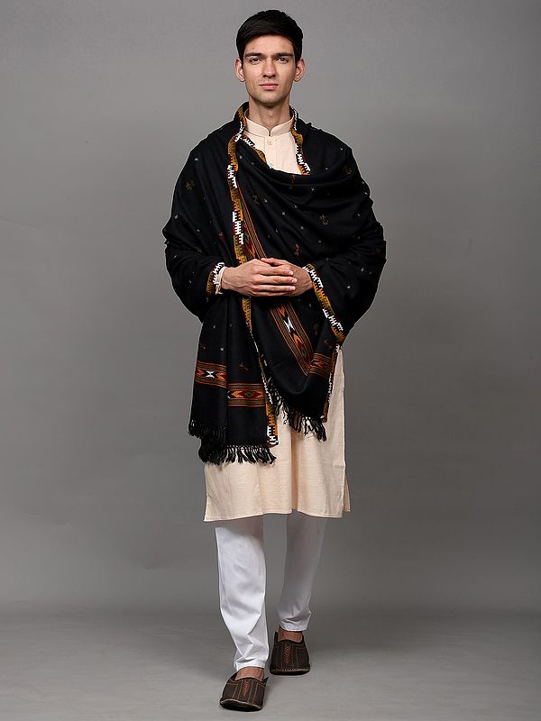 Black-Oyster Bootis Woven Kullu Shawl with Kinnauri Woven Border (Unisex)