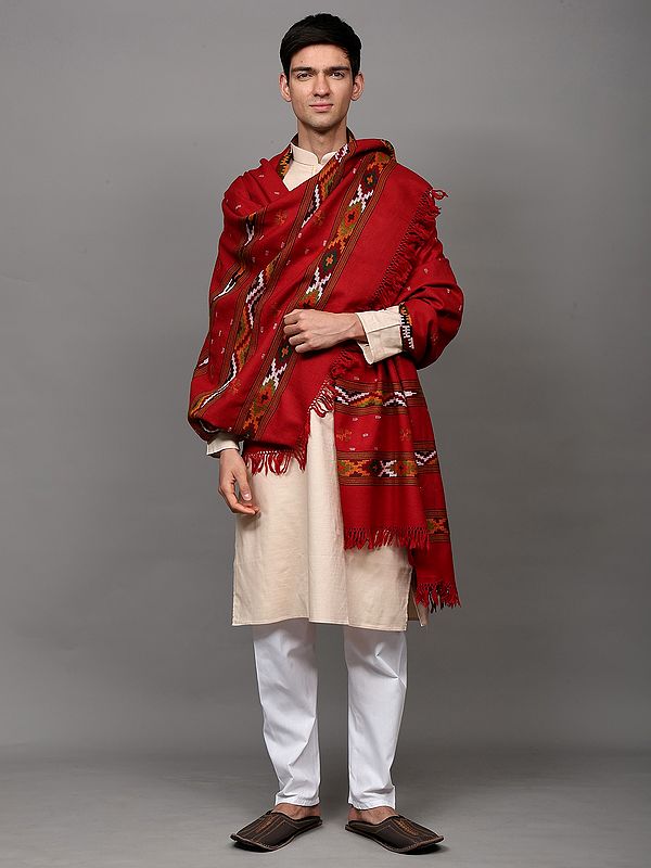 Wool Kullu Shawl with Woven Bootis and Triple Kinnauri Border (Unisex)