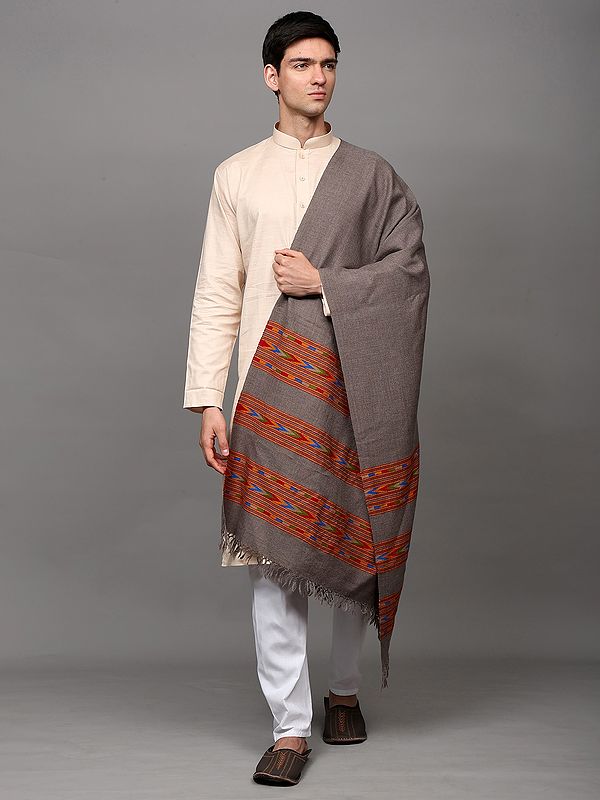 Fallen-Rock Wool Kullu Stole with Woven Triple Kinnauri Border in Multicolor