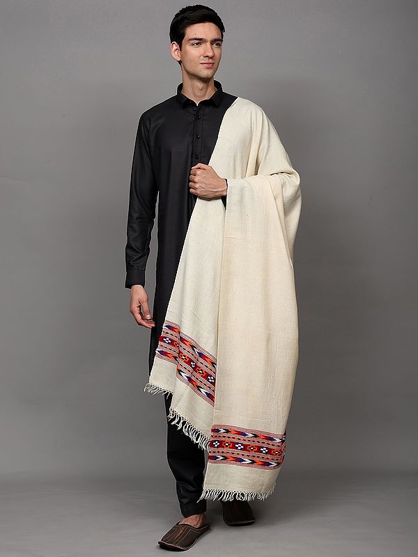 Cannoli-Cream Wool Shawl from Kullu with Multicolor woven Kinnauri Border
