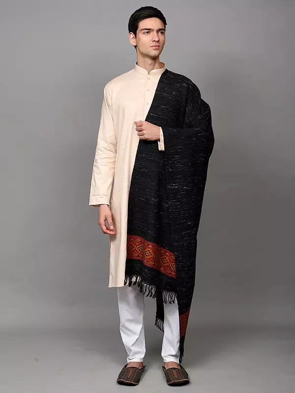 Black-Sand Wool Stole with Kinnauri Woven Wide Border from Kullu