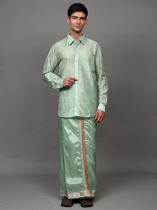 Mist-Green Full Sleeve Art Silk Shirt with Matching Zari Border Adjustable Hook and Loop Closure Mundu