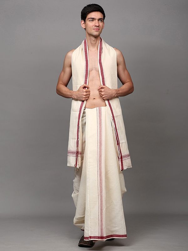 Off-White Plain Drape Dhoti and Angavastram Set with Striped Border