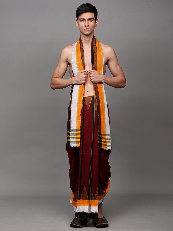 Biking-Red Pure Cotton Dhoti and Angavastram Set with Woven Temple Border from Sambalpur