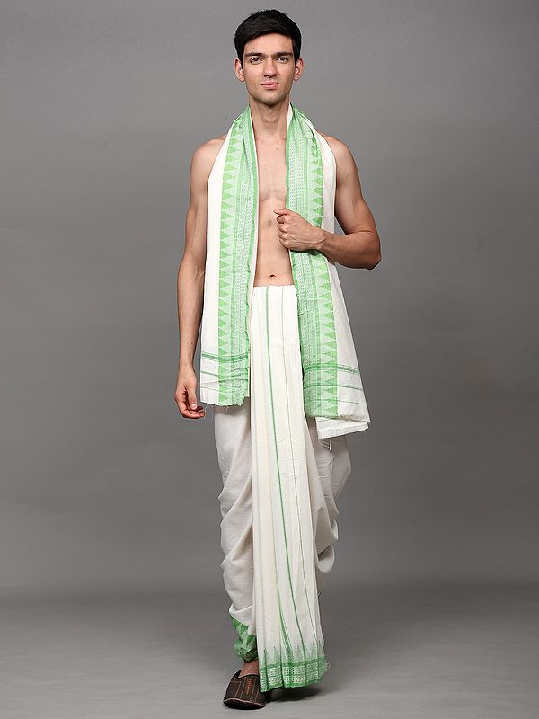 Snow-White Dhoti with Angavastram Set and Thread Woven Temple Border from Odisha