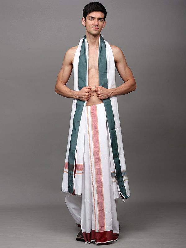 Lucent-White Cotton Woven Dual-Color Stripe Border Dhoti with Angavastram Set