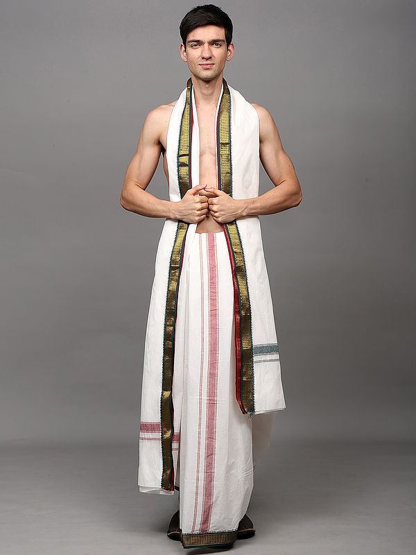 Star-White Zari Woven Border Drape Dhoti with with Angavastram Set