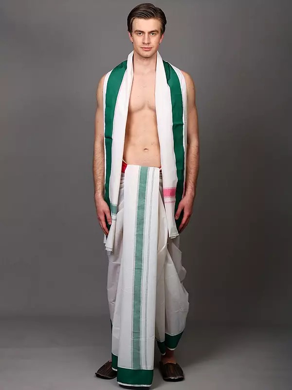 Plain Dhoti with Angavastram Set with Double Side Border