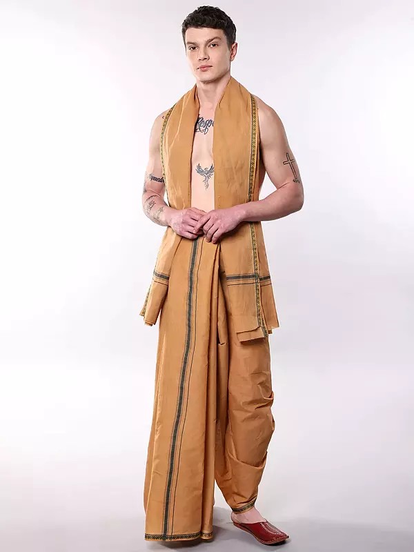 Cotton Dhoti with Angavastram Set and Thread Woven Rudraksha Border