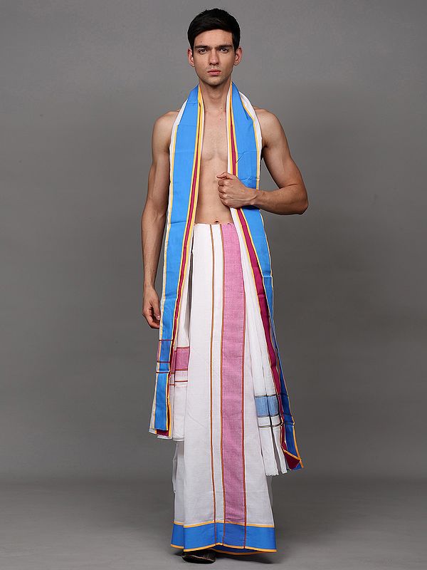 Bright-White Contrast Stripes Border Dhoti with Angavastram Set