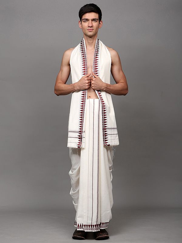 Snow-White Pure Cotton Dhoti with Angavastram Set from Sambhalpur with Thread Woven Temple Border