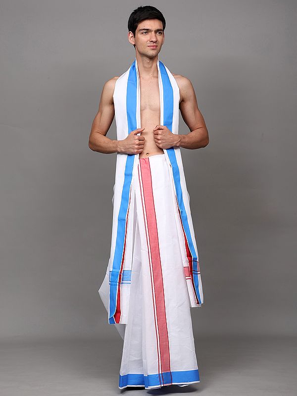 Brilliant-White Drape Dhoti with Angavastram Set with Woven Dual Side Stripes Border