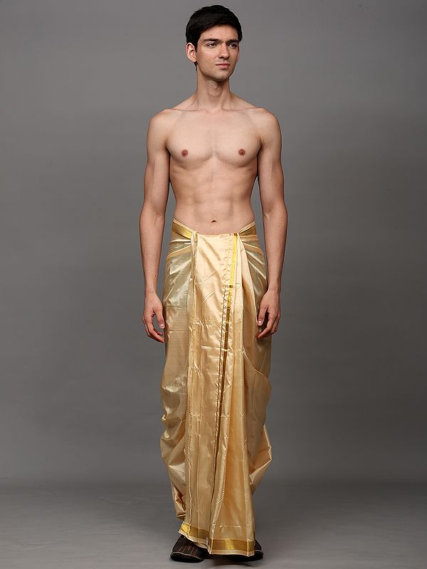 Golden-Straw Pure Silk Handloom Traditional Dhoti with Zari Thread woven Border