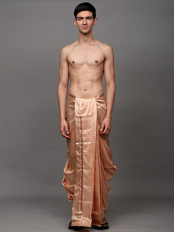 Toasted-Almond Pure Silk Handloom Drape Dhoti with Copper Colored Thread work Border