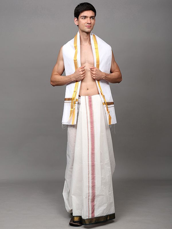 Bright-White Pure Cotton Traditional Angavastram with Golden Thread work Border