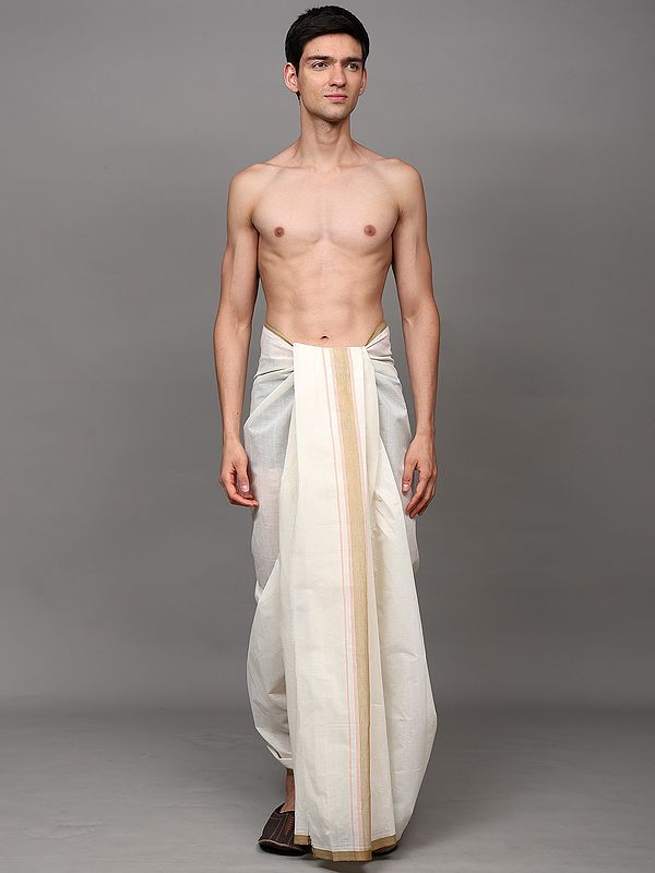 Off-White Cotton Dhoti with Woven Pinstripe Border