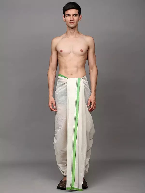 Winter-White Plain Drape Dhoti with Striped Border