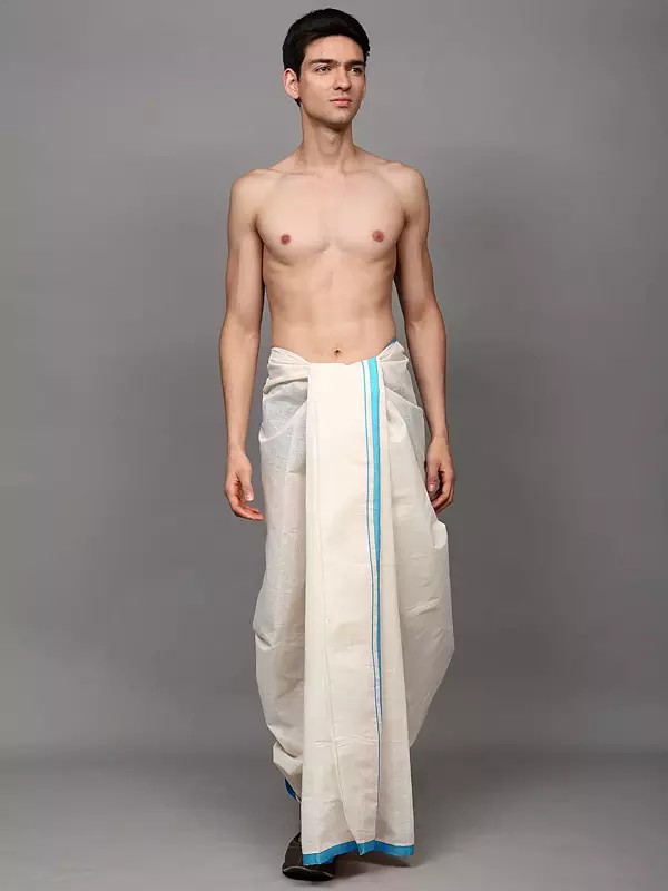 Antique-White Cotton Dhoti with Woven Stripes Border