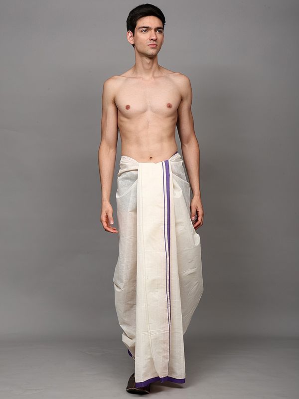 Antique-White Cotton Dhoti with Woven Stripes Border