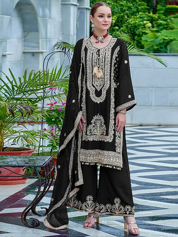 Chinon Heavy Embroidered Work Round Neck Kurta With Palazzo And Matching Dupatta