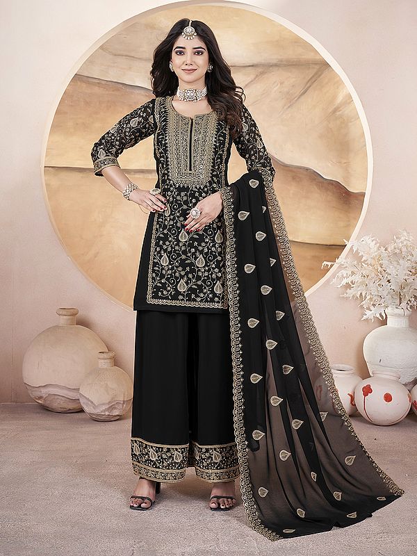 Georgette Heavy Floral Embroidery And Sequins Work Kurti With Palazzo And Dupatta