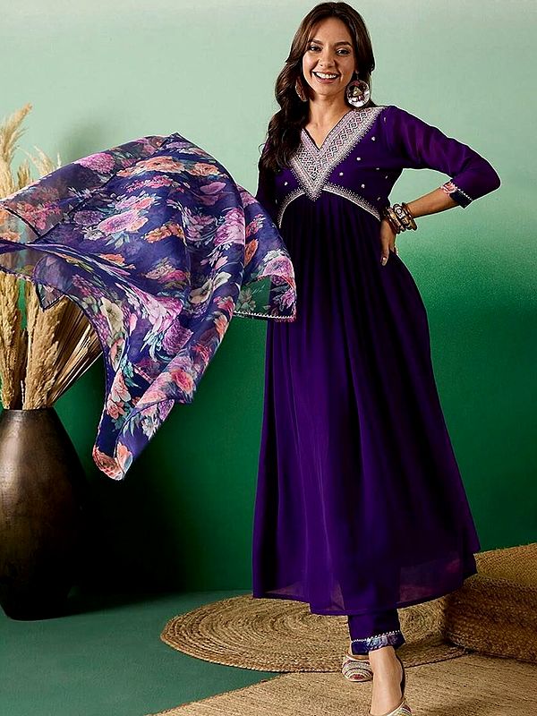 Midnight-Purple Sequins And Embroidery Work Festive Wear Viscose Chanderi Gown With Bottom And Dupatta