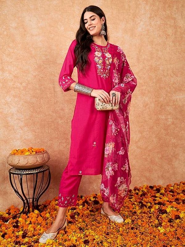 Raspberry Floral Embroidery Designer Festive Wear Kurta With Bottom And Matching Dupatta