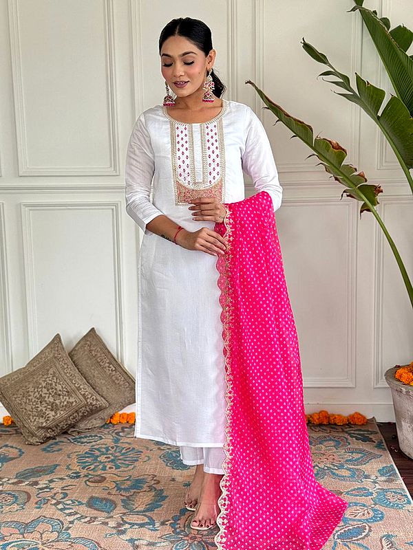 Embroidery And Sequins Work Attractive Kurta With Bottom And Polka Dots Dupatta