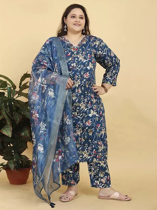 Premium Lichi Viscose V-Neck Floral Printed Kurta With Pant And Dupatta For Casual Occasion