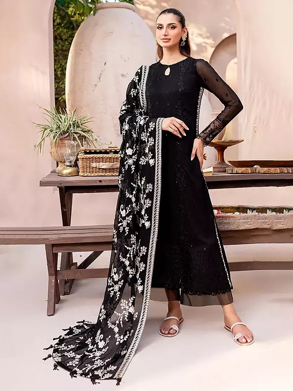 Georgette Embroidery And Diamond Work Long Kurta With Bottom And Floral Dupatta