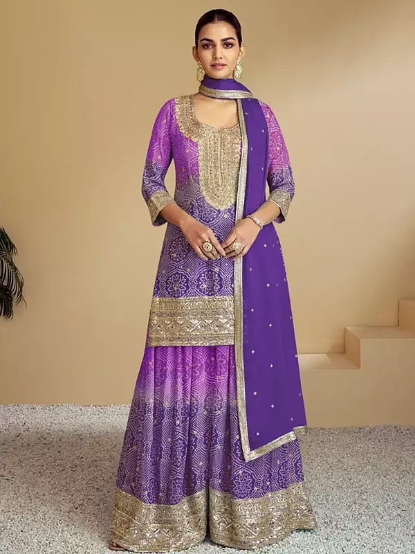 Chinon Embroidery And Sequins Work Kurti With Sharara And Dupatta For Festival Occasion