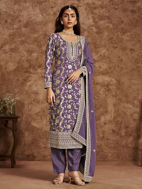 Embroidery And Sequence Work Floral Fancy Silk Salwar Suit With Matching Dupatta