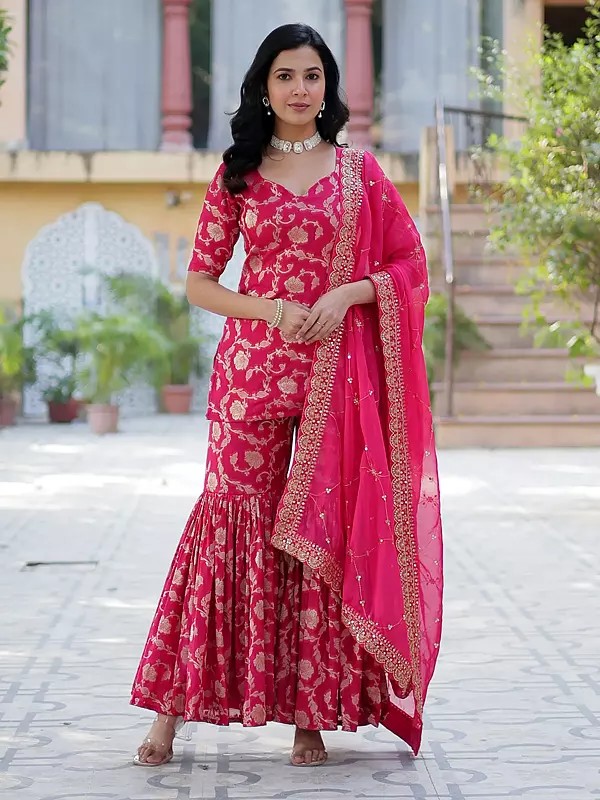 Viscose Georgette Floral Printed Kurti With Palazzo And Sequins And Embroidery Work Dupatta