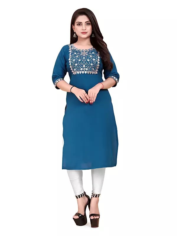 Rayon Embroidery Sequins Work Attractive Round Neck Kurti For Casual Occasion