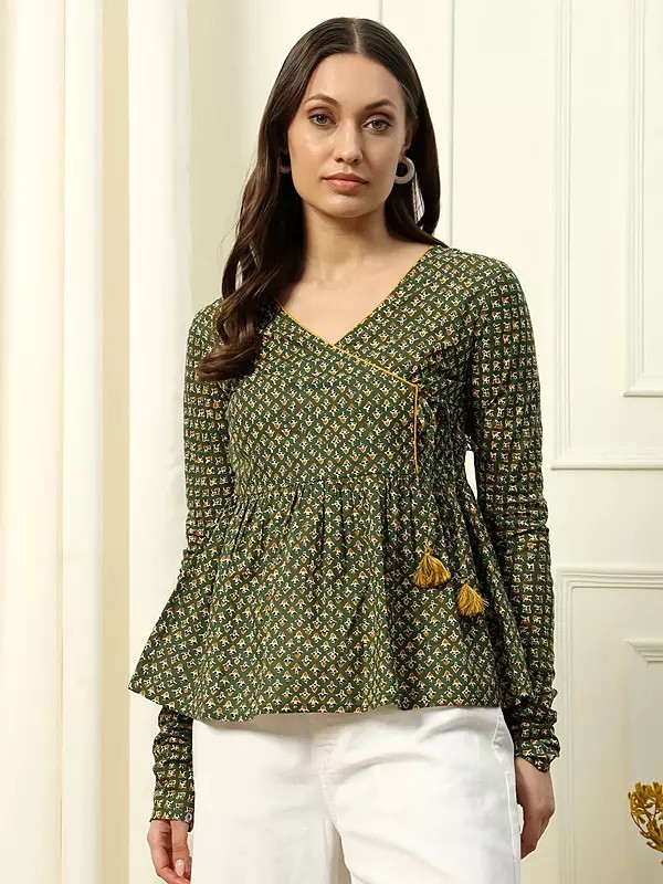 Cotton Ethnic Motifs Print Full Sleeve And V-Neck Fancy Top For Party Occasion