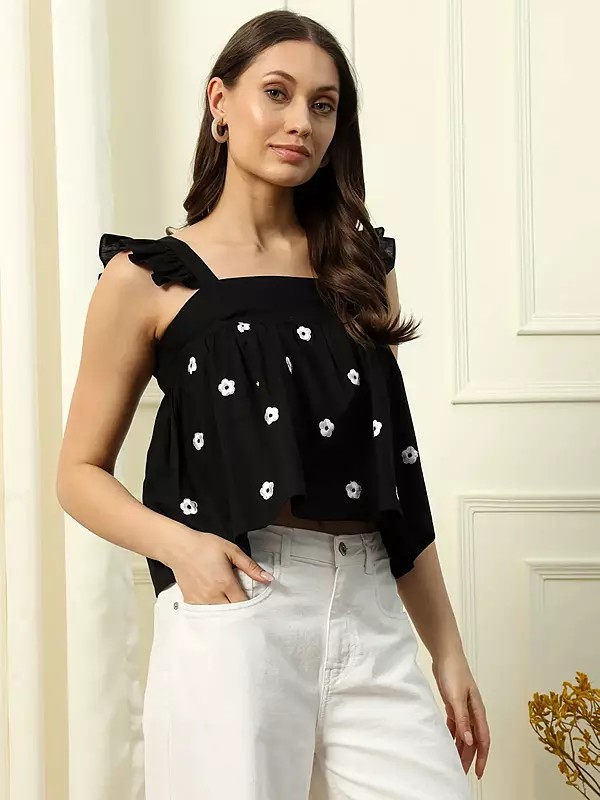 Black Cotton Floral Print Work And Sleeveless Fancy Attractive Short Top