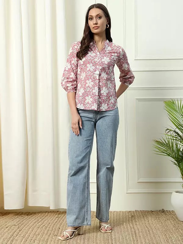 All Over Floral Print And V-Neck Stylish Look Fancy Cotton Top For Party Occasion