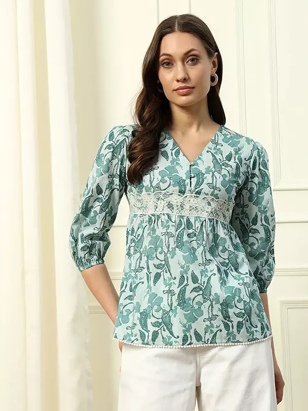 Stylish Look Fancy Floral Print And V-Neck Cotton Top For Party Occasion