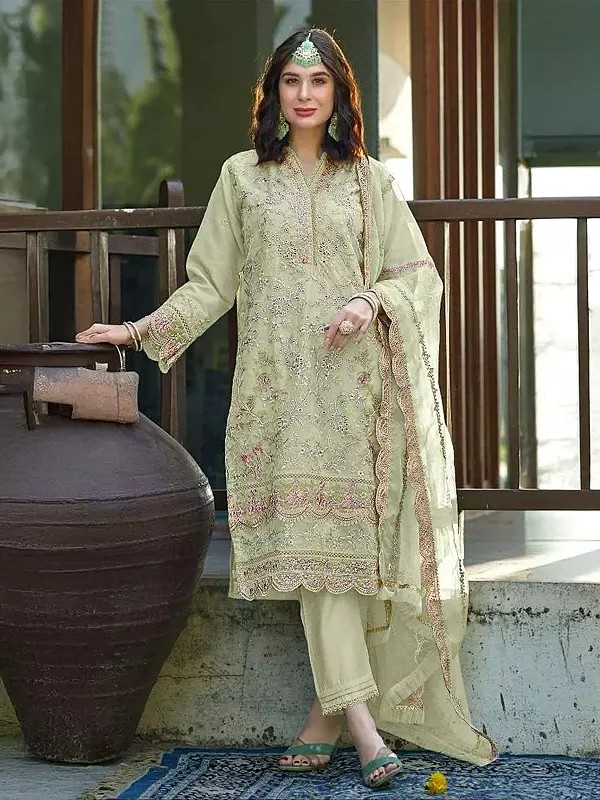 Organza Floral Embroidery And Sequins Work Kurta With Bottom And Matching Dupatta