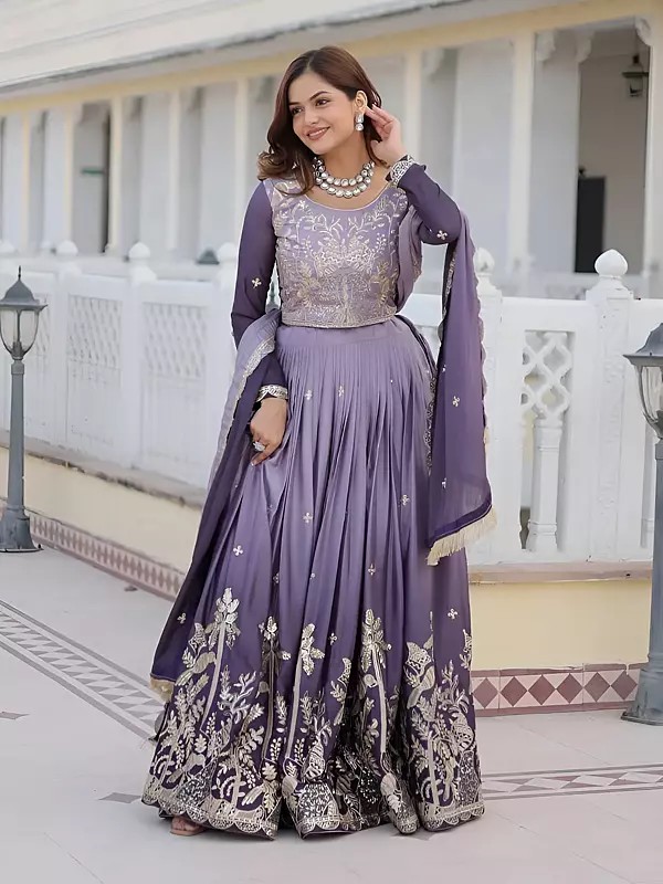 Pure Chinon Floral Embroidery And Sequins Work  Lehenga Choli With Matching Dupatta